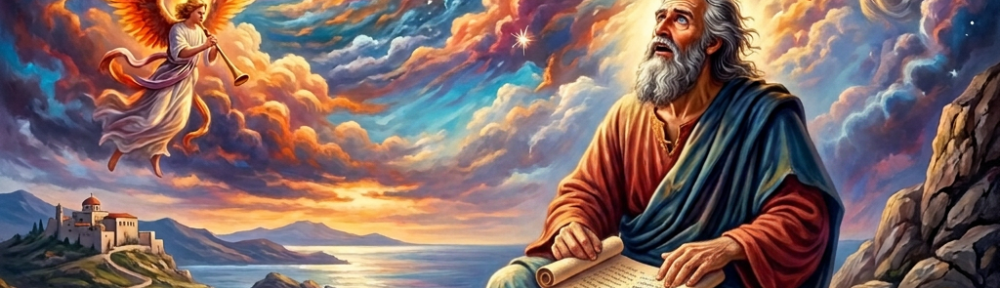 A bearded prophet seated on rocky cliff writing on a scroll, looking up at a radiant figure with a sword and angels blowing trumpets, near an open illuminated manuscript and lamp by the sea.