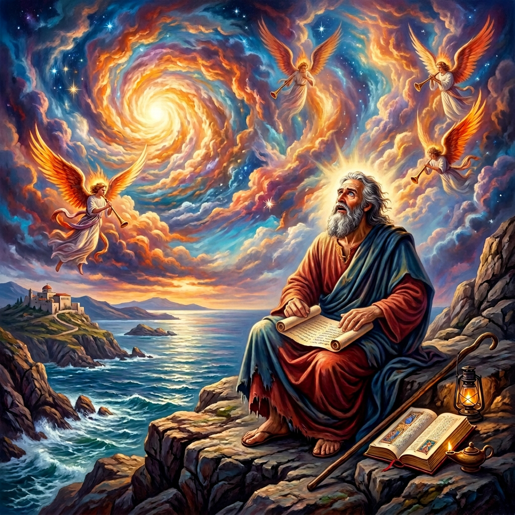 A bearded prophet seated on rocky cliff writing on a scroll, looking up at a radiant figure with a sword and angels blowing trumpets, near an open illuminated manuscript and lamp by the sea.